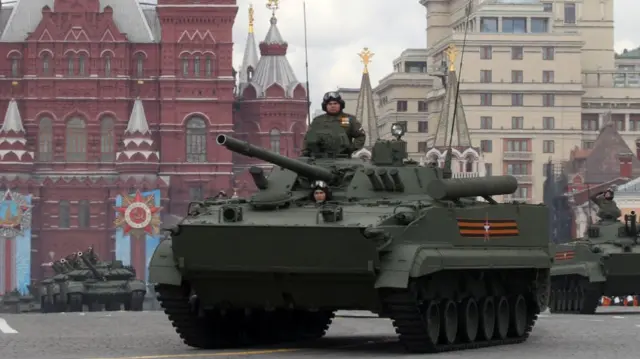 A tank in Moscow rehearses for a 2021 military parade