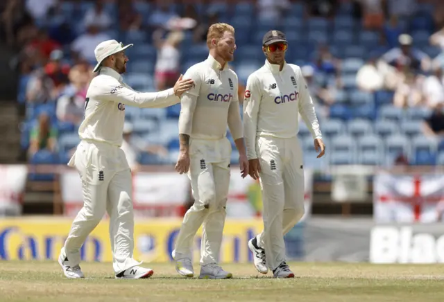 Ben Stokes, Joe Root and Jack Leach