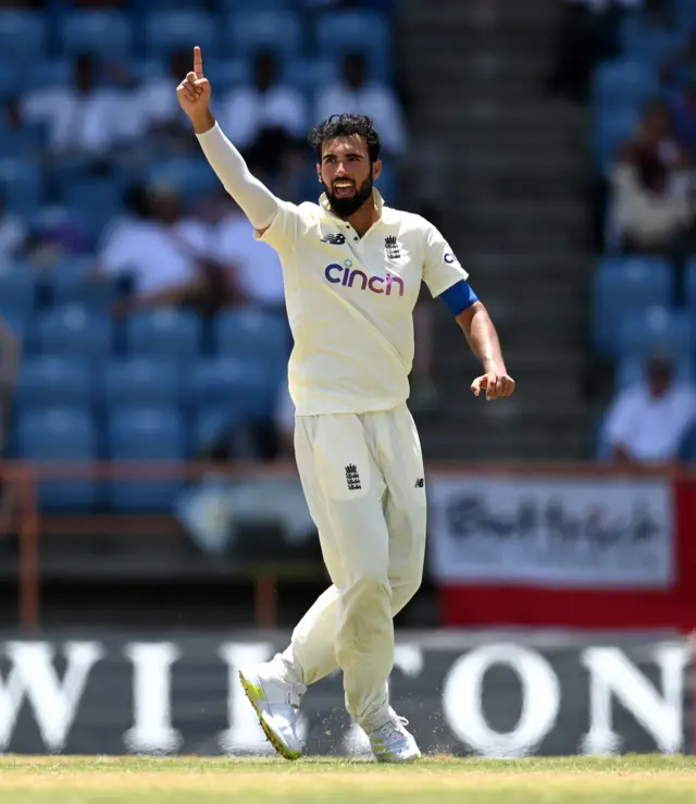 Saqib Mahmood celebrates after taking wicket of Shamarh Brooks in third Test between West Indies and England in Grenada