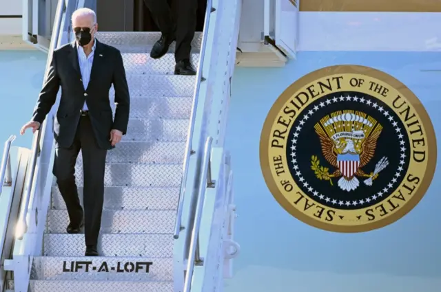 US president Joe Biden arrives at the airport in Jasionka