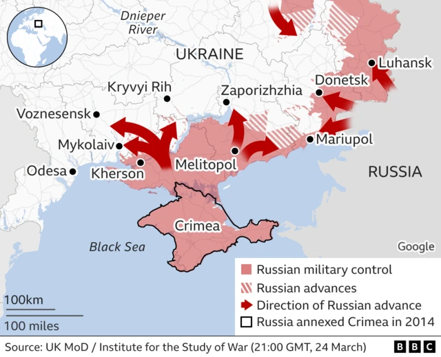 Areas of Russian military control in Ukraine