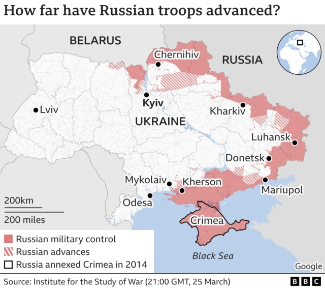 Map showing areas of Russian control in Ukraine