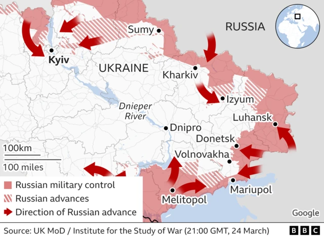 A map showing areas of Russian control in Ukraine