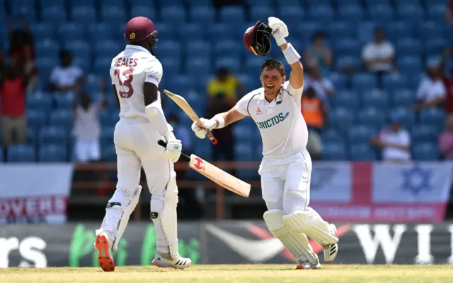 Joshua da Silva celebrates his maiden Test century against England