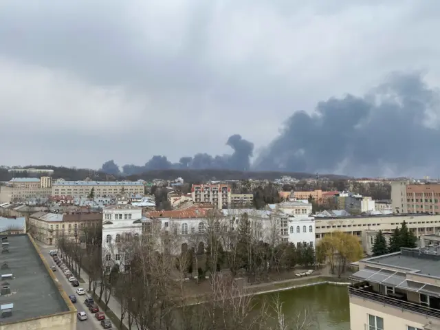 Smoke rises over Lviv