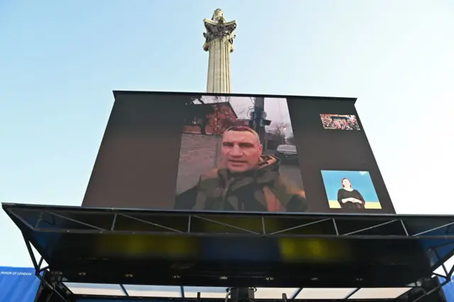 Vitali Klitschko addresses the crowd in London from a bunker in Kyiv