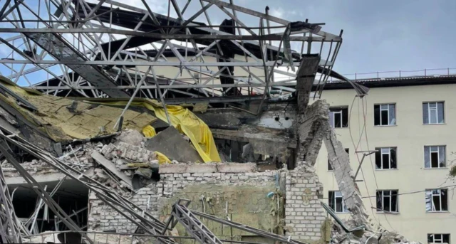 The central hospital in Izyum, near Kharkiv, after what Ukrainian authorities say was a Russian artillery attack