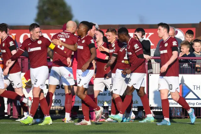 Kelty Players celebrate Max Kucheriavyi's winner today