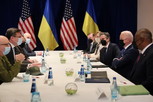 President Joe Biden joins a meeting between US Secretary of State Antony Blinken, US Secretary of Defence Lloyd Austin, Ukrainian Foreign Minister Dmytro Kuleba and Ukrainian Defense Minister Oleksii Reznikov