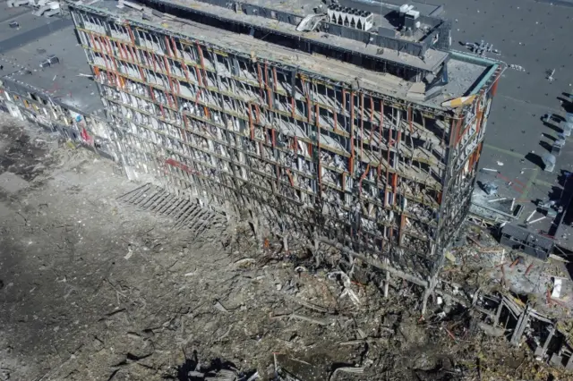 A destroyed shopping centre near Kyiv