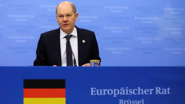 German chancellor Olaf Scholz speaking at the European Union leaders summit in Brussels on March 25