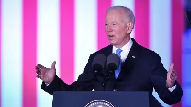 US President Joe Biden delivers a speech in Warsaw, Poland, on 26 March