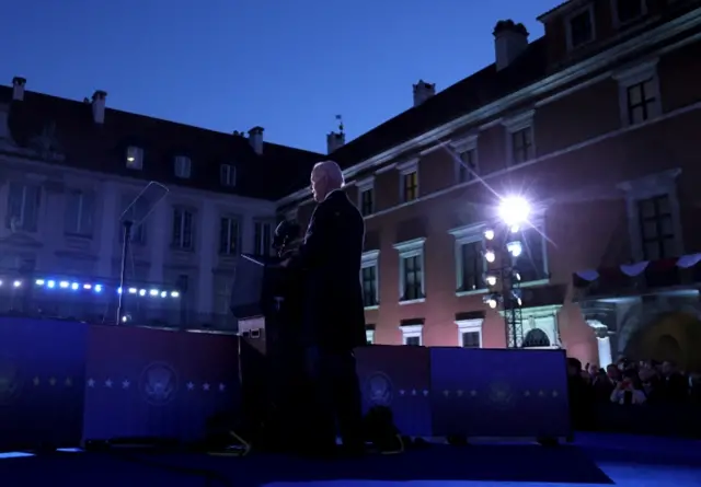 US President Joe Biden making his speech in Warsaw