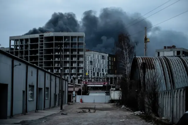 Smoke rises in Lviv following a Russian strike