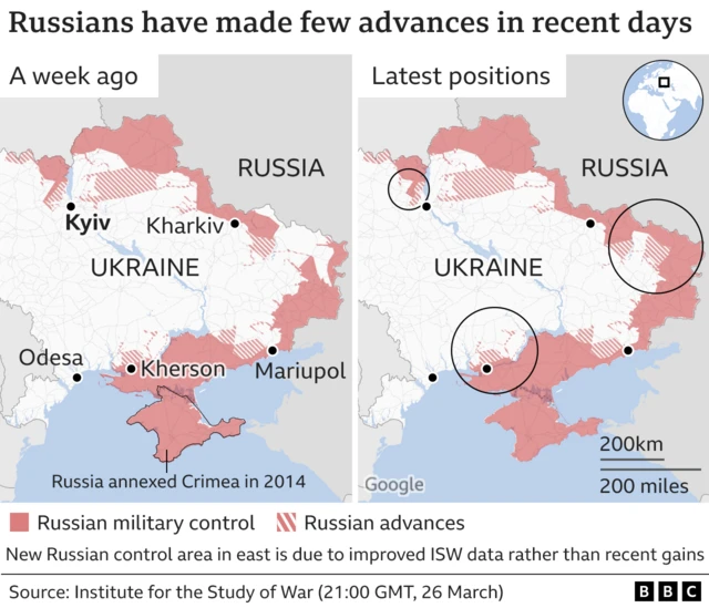 Maps showing limited Russian advances in recent days