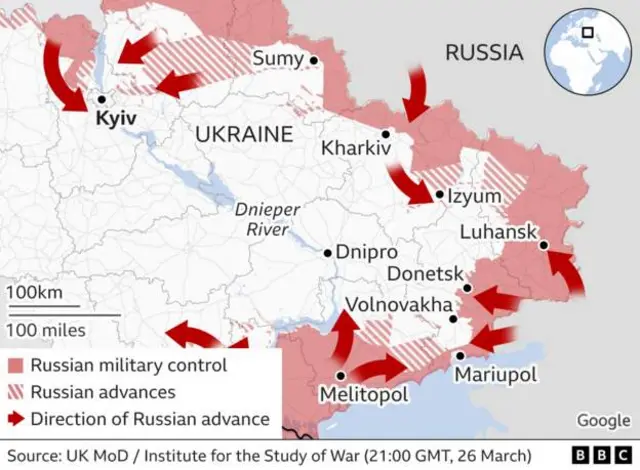 Map showing where Russian troops have advanced to in Ukraine