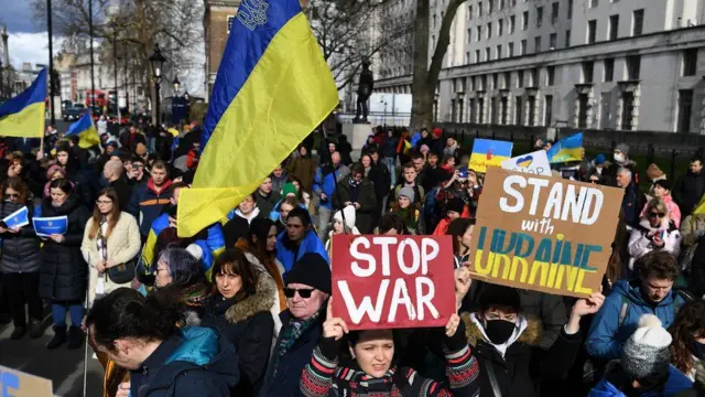 Ukrainian protesters gathered outside Downing Street in February