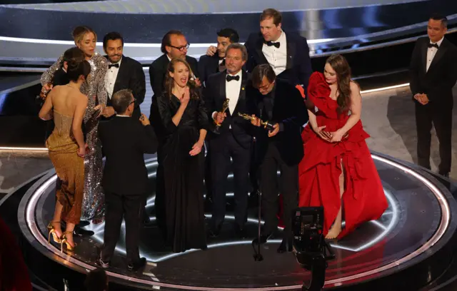 Philippe Rousselet, Fabrice Gianfermi and Patrick Wachsberger win the Oscar for Best Picture for Coda