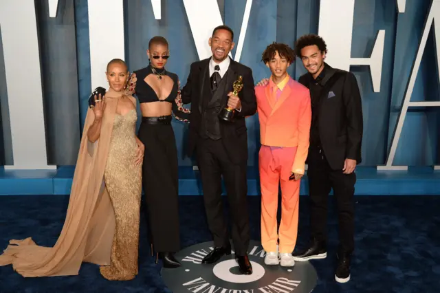 Will Smith with his sons Trey Smith and Jaden Smith, daughter Willow Smith and wife Jada Pinkett Smith attending the Vanity Fair Oscar Party