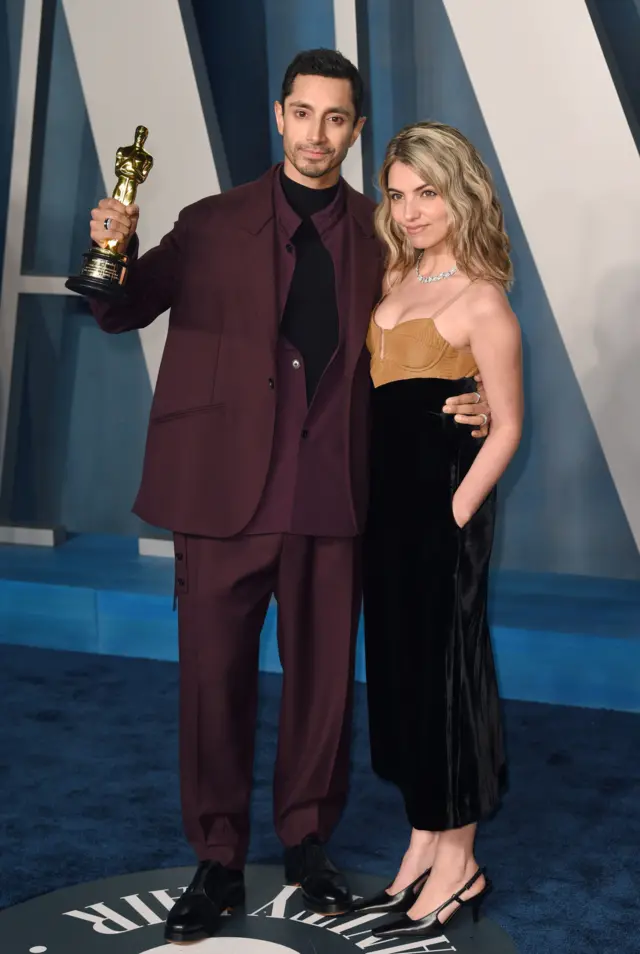 Riz Ahmed proudly held up his award as he posed with wife Fatima Farheen