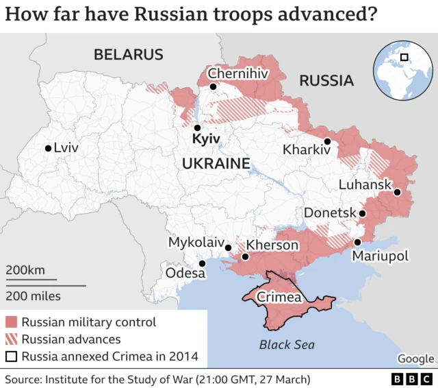 Map showing Russian areas of control in Ukraine