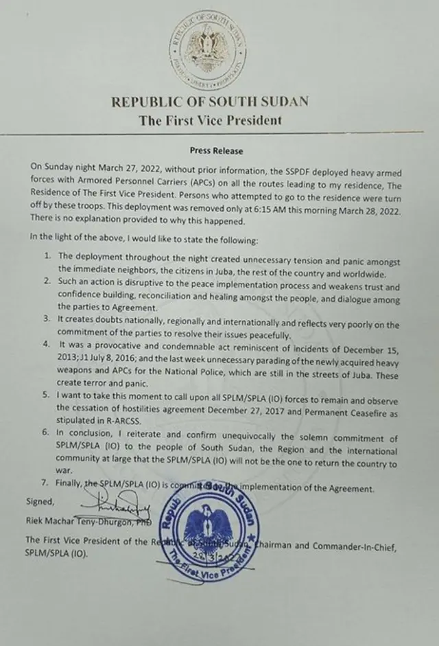 A screenshot of the statement by Riek Machar's office.