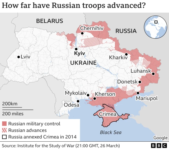 Map showing Russian advances