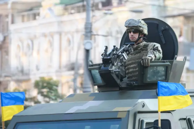 Ukrainian serviceman during a rehearsal for the Independence Day military parade in central Kyiv, Ukraine, in August 2021