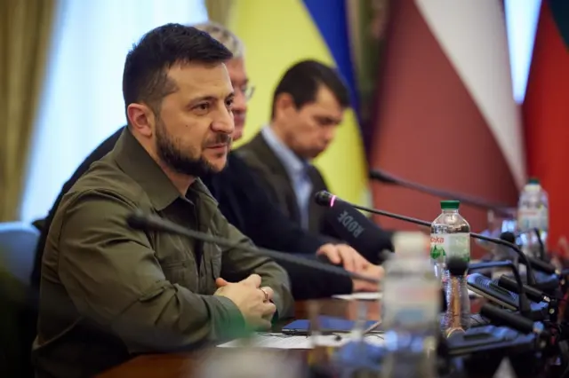 Ukrainian President Volodymyr Zelensky during a meeting with the Parliament speakers of Estonia, Latvia and Lithuania in Kyiv