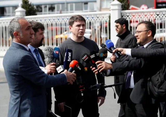 29/03/2022 Reuters Mykhailo Podolyak, a political adviser to Ukrainian President Volodymyr Zelenskiy, receives questions from a member of the media after a meeting with Russian negotiators in Istanbul