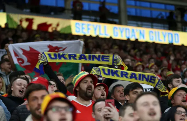 Wales fans with Ukraine scarves