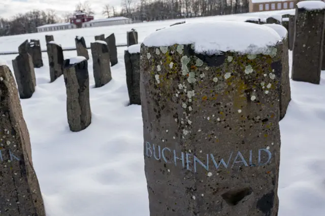 Steles that are part of the memorial at the site of former Nazi concentration camp Buchenwald