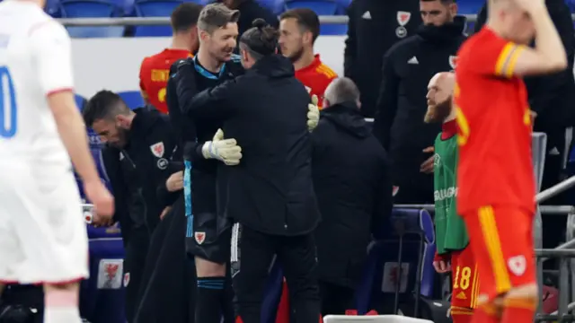 Wayne Hennessey and Gareth Bale hug