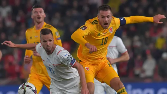 Wales v Czech Republic, Aaron Ramsey wins the ball