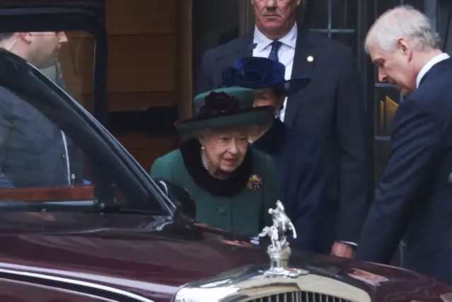 The Queen left the Thanksgiving Service with her son, Prince Andrew, Duke of York