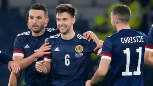 Kieran Tierney was on target for Scotland against Poland