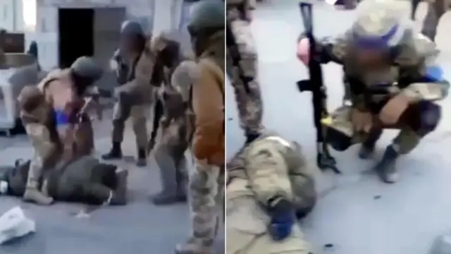 Stills from the video of soldiers standing over captured soldiers