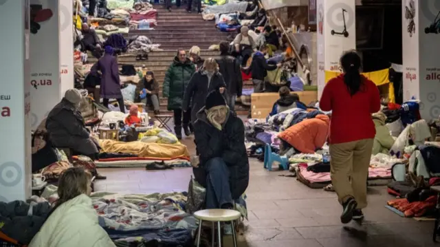 Residents, some who have been there since the start of the invasion shelter in a subway station on March 28, 2022 in Kharkiv, Ukraine