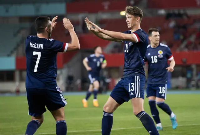 Jack Hendry celebrates his goal with John McGinn