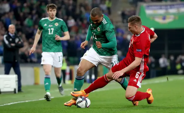 Northern Ireland's Josh Magennis with Hungary's Willi Orban