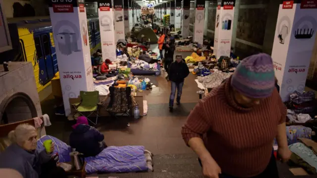 Residents, some who have been there since the start of the invasion shelter in a subway station on March 28, 2022 in Kharkiv, Ukraine.