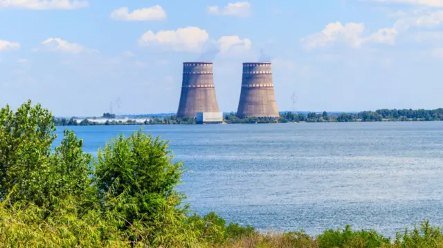 Enerhodar's nuclear cooling towers, pictured before the war