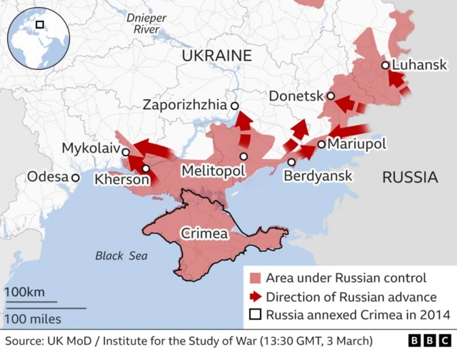 Map showing areas of southern Ukraine under Russian control