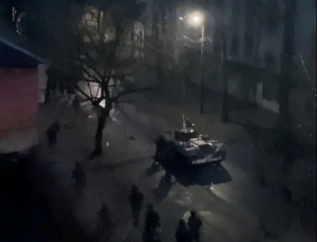 A military tank is seen on a street of Kherson on 1 March