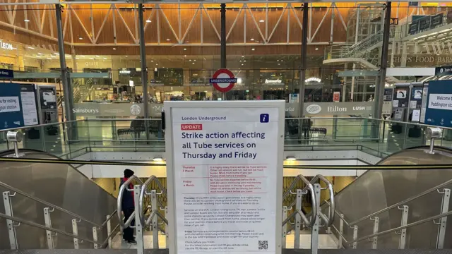 A sign at Paddington Station in London during the strike
