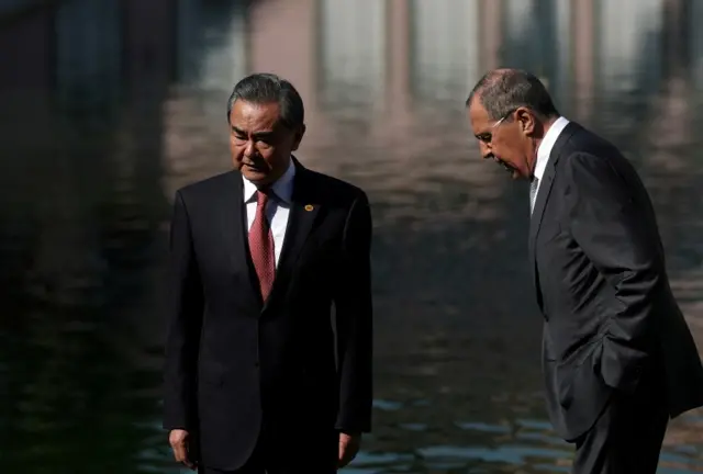 China's Foreign Minister Wang Yi (L) and Russia's Foreign Minister Sergei Lavrov pictured in 2019