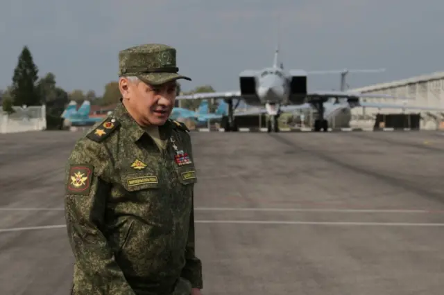 Russian Defence Minister Shoigu visits Russia"s Hmeimim airbase in Syria, February 15, 2022.