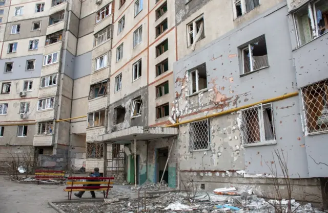 A residential building damaged by shelling in Kharkiv