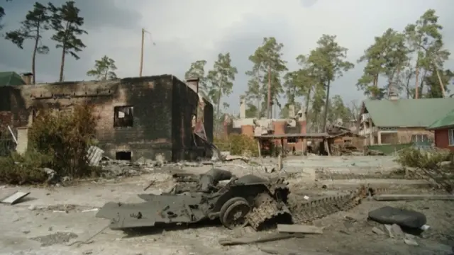 A view of a destroyed military vehicle in Irpin, Ukraine, 29 March 2022