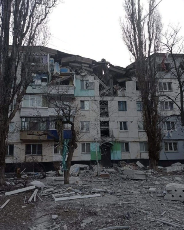 A residential building that has been damaged by shelling by Russian forces in the Luhansk town of Lysychansk